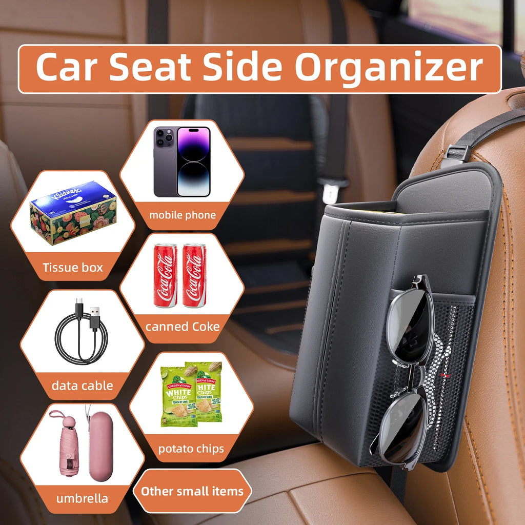 Leather Car Storage Bag  Auto Seat Organizer Tissue Bag Water Cup Holder Mesh Storage Pocket Car Storage Box With Hanging