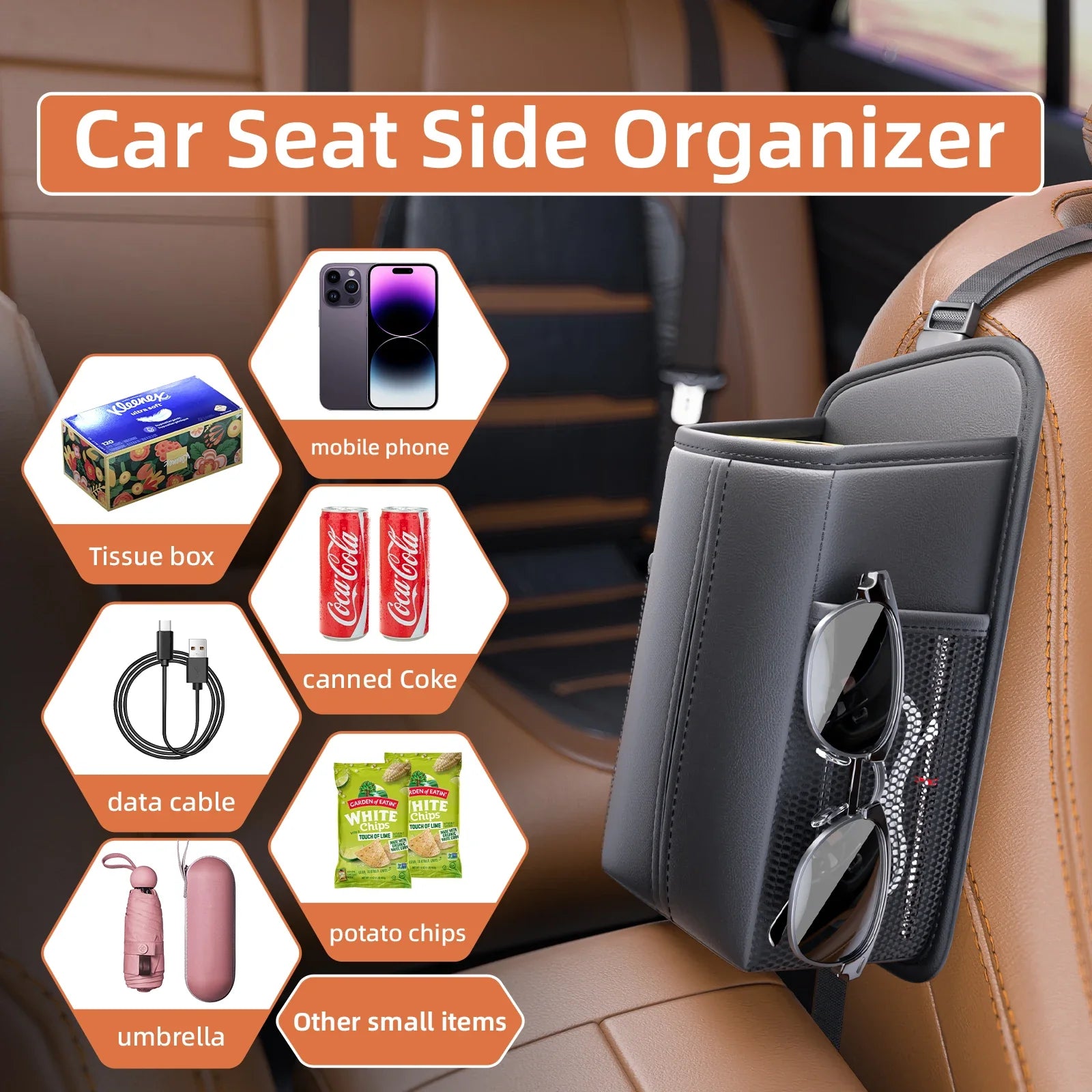 Leather Car Storage Bag  Auto Seat Organizer Tissue Bag Water Cup Holder Mesh Storage Pocket Car Storage Box With Hanging