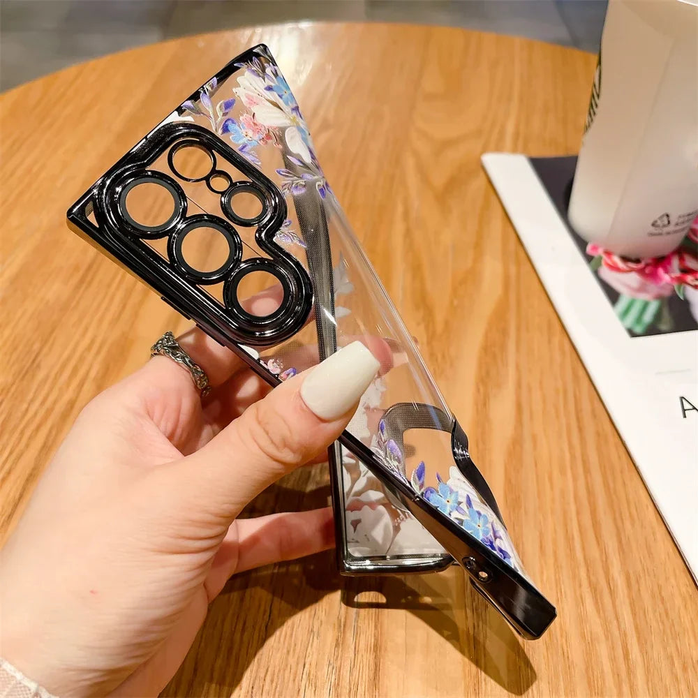 For Samsung S24 Ultra Luxury Plating Logo Hole Case For Samsung Galaxy S23 Ultra S22 Plus Flower Camera Film Transparent Cover
