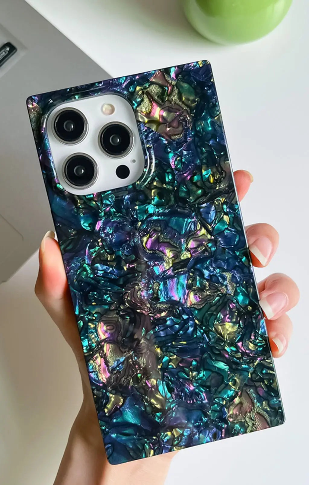 Mother Pearl Case For iPhone 11 12 13 14 15 16 Pro Max Plus Rectangle Edge Case, Slim Colorful Abalone Pearl Soft Silicone Cover