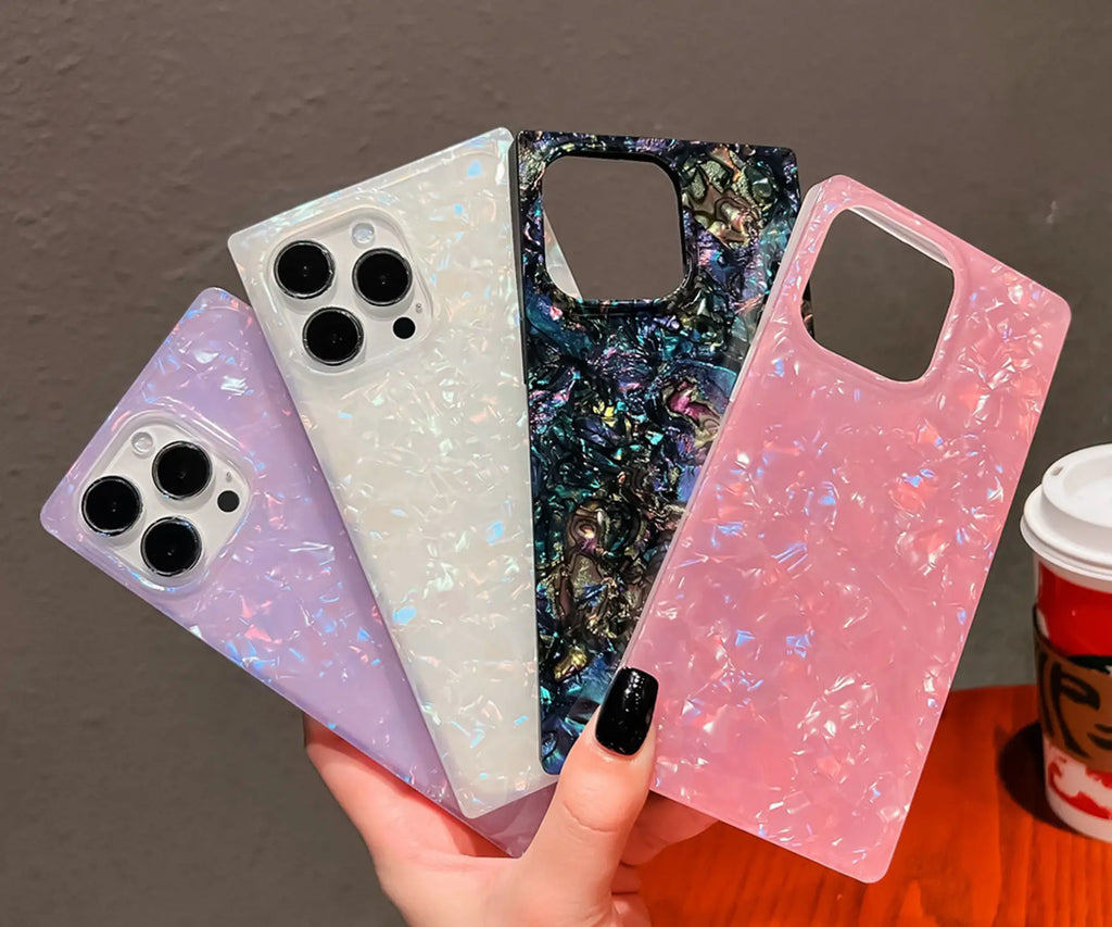 Mother Pearl Case For iPhone 11 12 13 14 15 16 Pro Max Plus Rectangle Edge Case, Slim Colorful Abalone Pearl Soft Silicone Cover