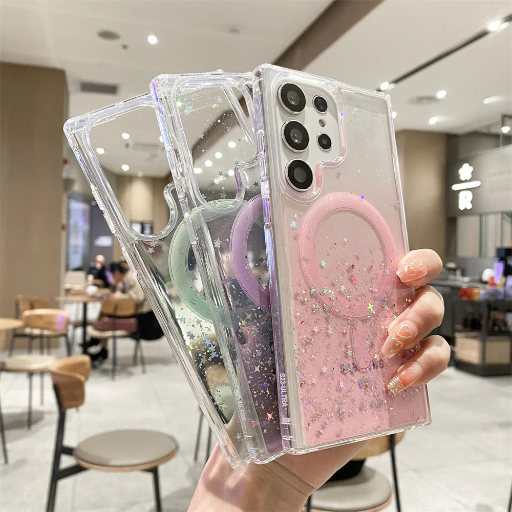 for Samsung S23 Ultra Gradient Glitter Epoxy Case for Samsung Galaxy S23 Plus S22 Ultra for Magsafe Magnetic Transparent Cover