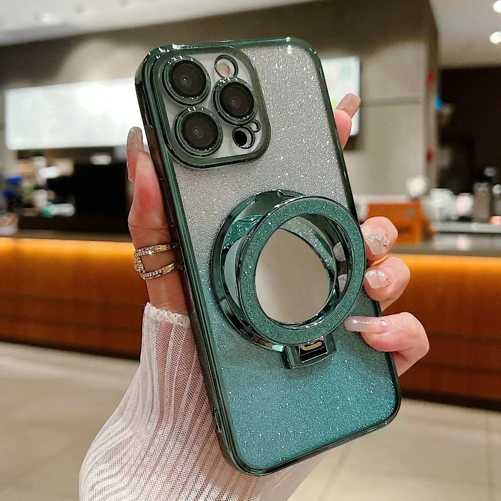 Luxury Glitter Mirror Stand Case for iPhone 16 15 14 13 12 Pro Max 11 X Xr XsMax 7 8 Plus Bracket Gradient Make Up Plating Cover