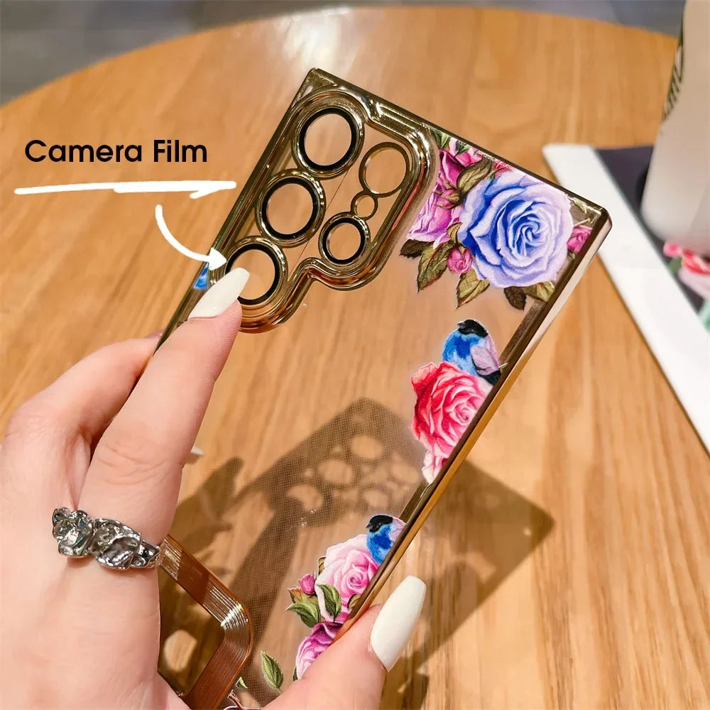 For Samsung S24 Ultra Luxury Plating Logo Hole Case For Samsung Galaxy S23 Ultra S22 Plus Flower Camera Film Transparent Cover