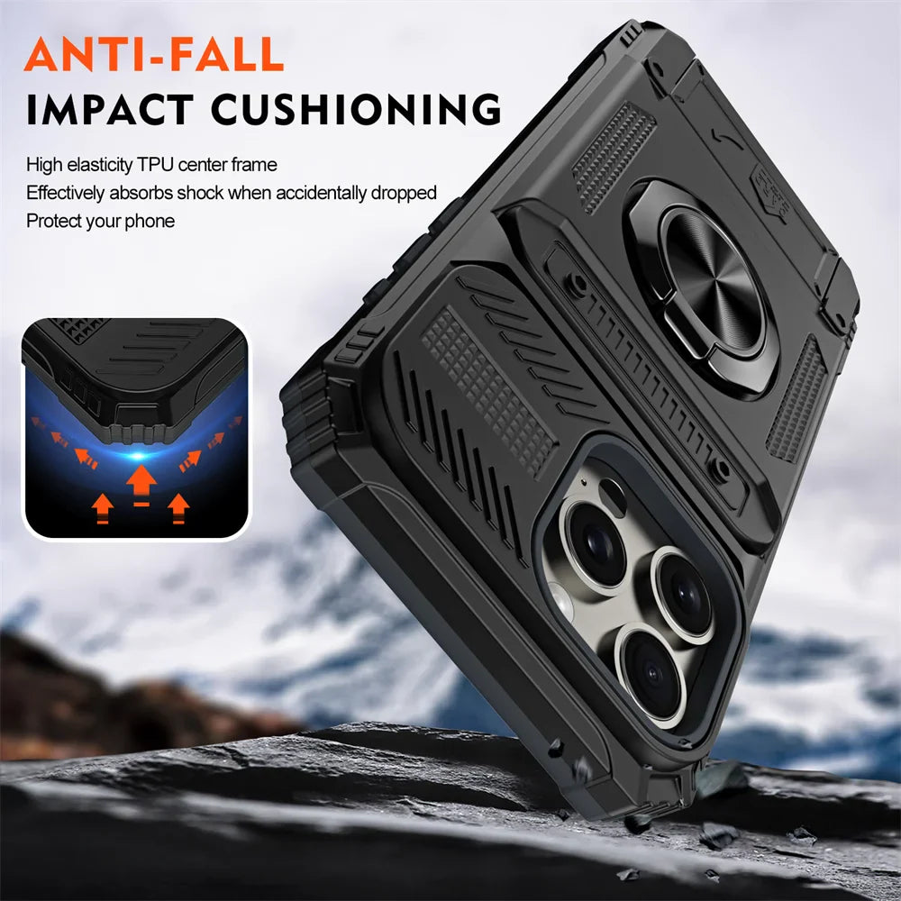 2 Cards Holder Hybrid Defender Case for iPhone 16 Pro Max 15 14 13 11 Magnetic Ring Stand Funda iPhone 15 Pro 14 Plus 8 Plus