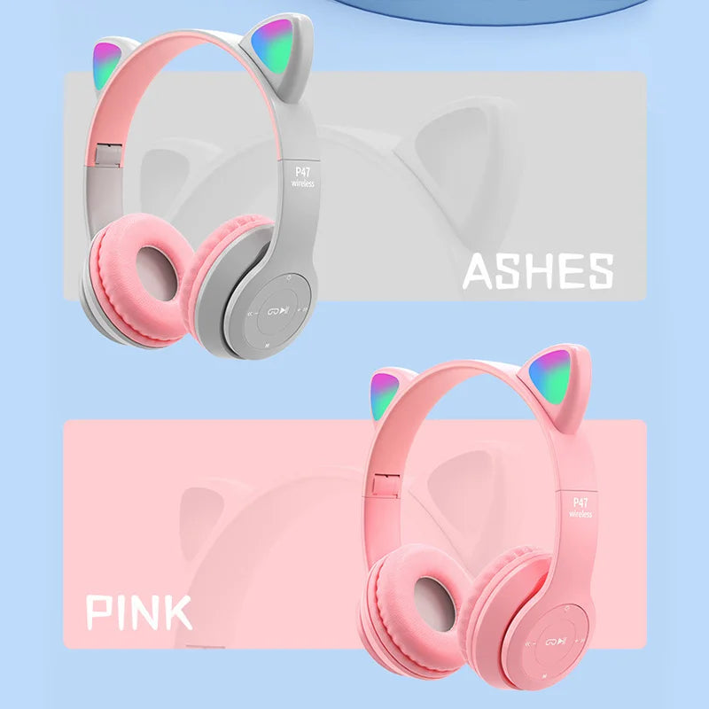 Flash Lamp Cute Cat Ears Headphone Bluetooth5.0 Stereo With Mic Support TF Card Wireless Kids Girl Earphone Birthday Gift