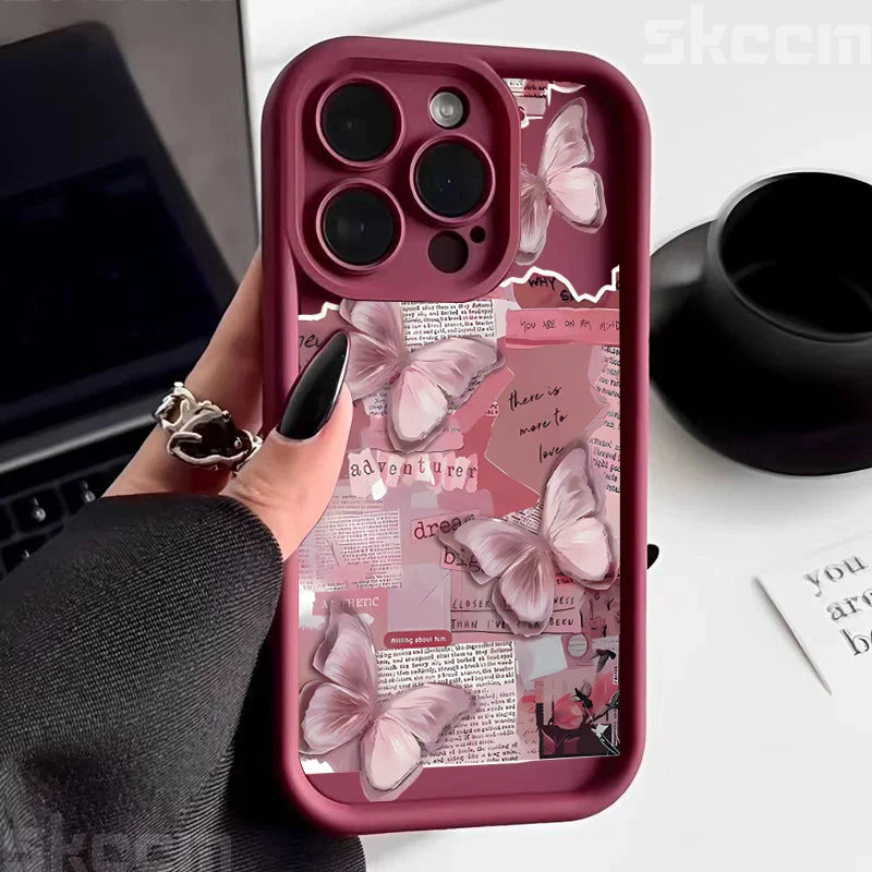 Pink Cute Butterfly Silicone Soft Phone Case For iPhone 16 16E 15 14 13 12 11 Pro Max XS XR X 7 8 Plus Shockproof Candy Cover