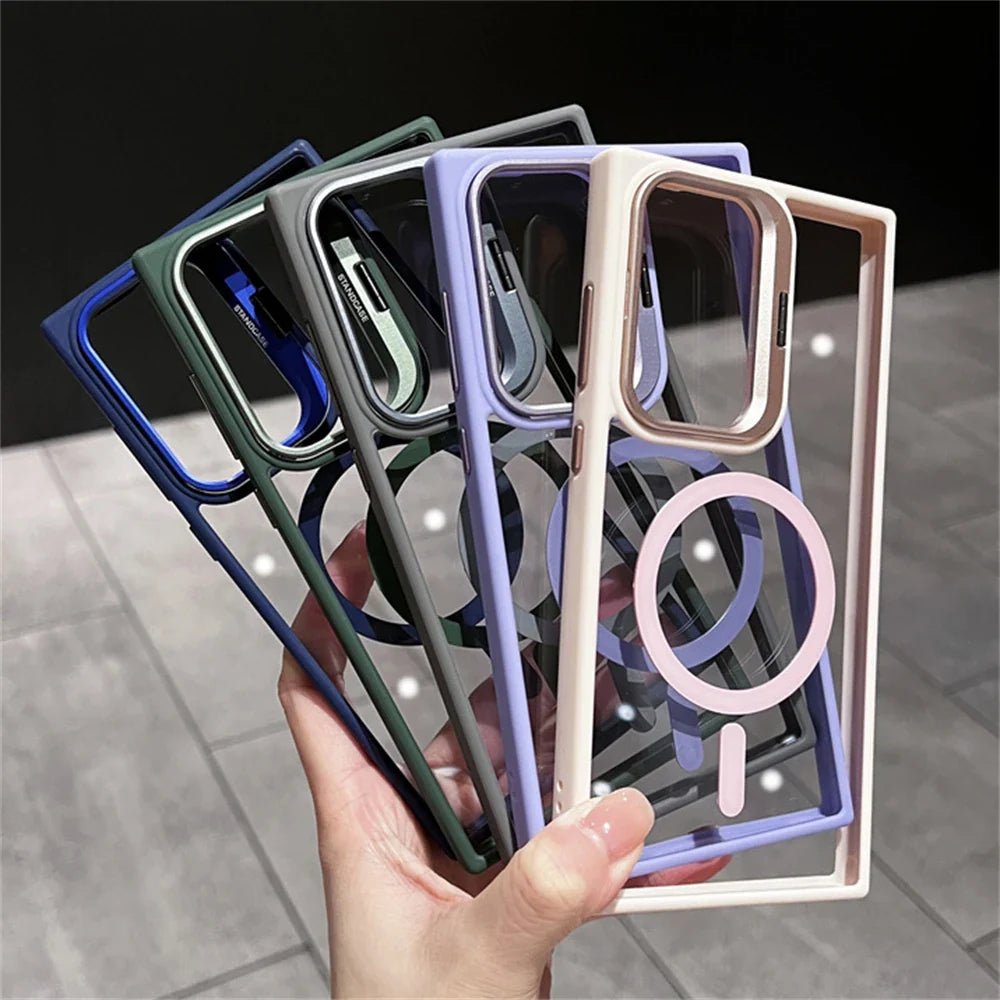 Camera Bracket Magnetic Clear Case For Samsung S24 S25 Ultra S23 S22 Plus For Magsafe Wireless Charge Shockproof Bumper Cover