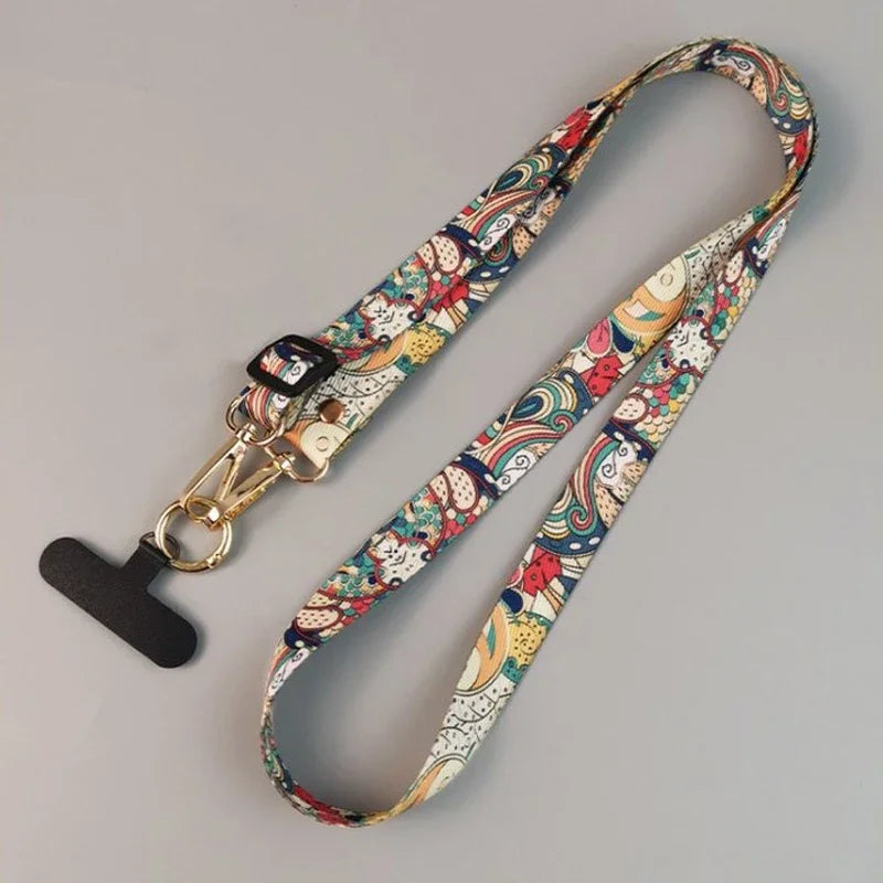 Universal Phone Clip Antilost Retro Pattern Strap Crossbody Long Strap Adjustment Length Hanging Neck Strap Mobile Phone Lanyard