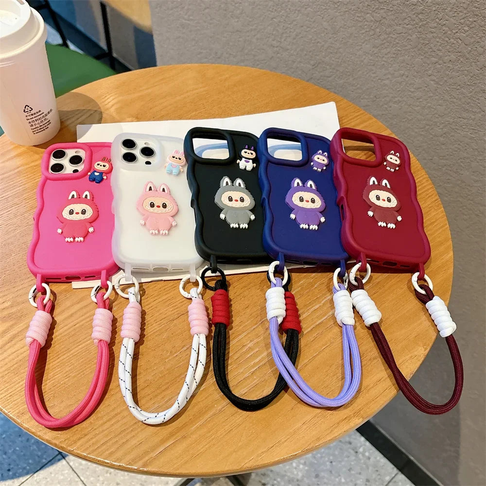 3D Cute Cartoon Animals Silicone Soft Phone Case with Wrist Strap For iPhone 16 Pro Max 15 14 13 Wave Edge Frame Candy Cover