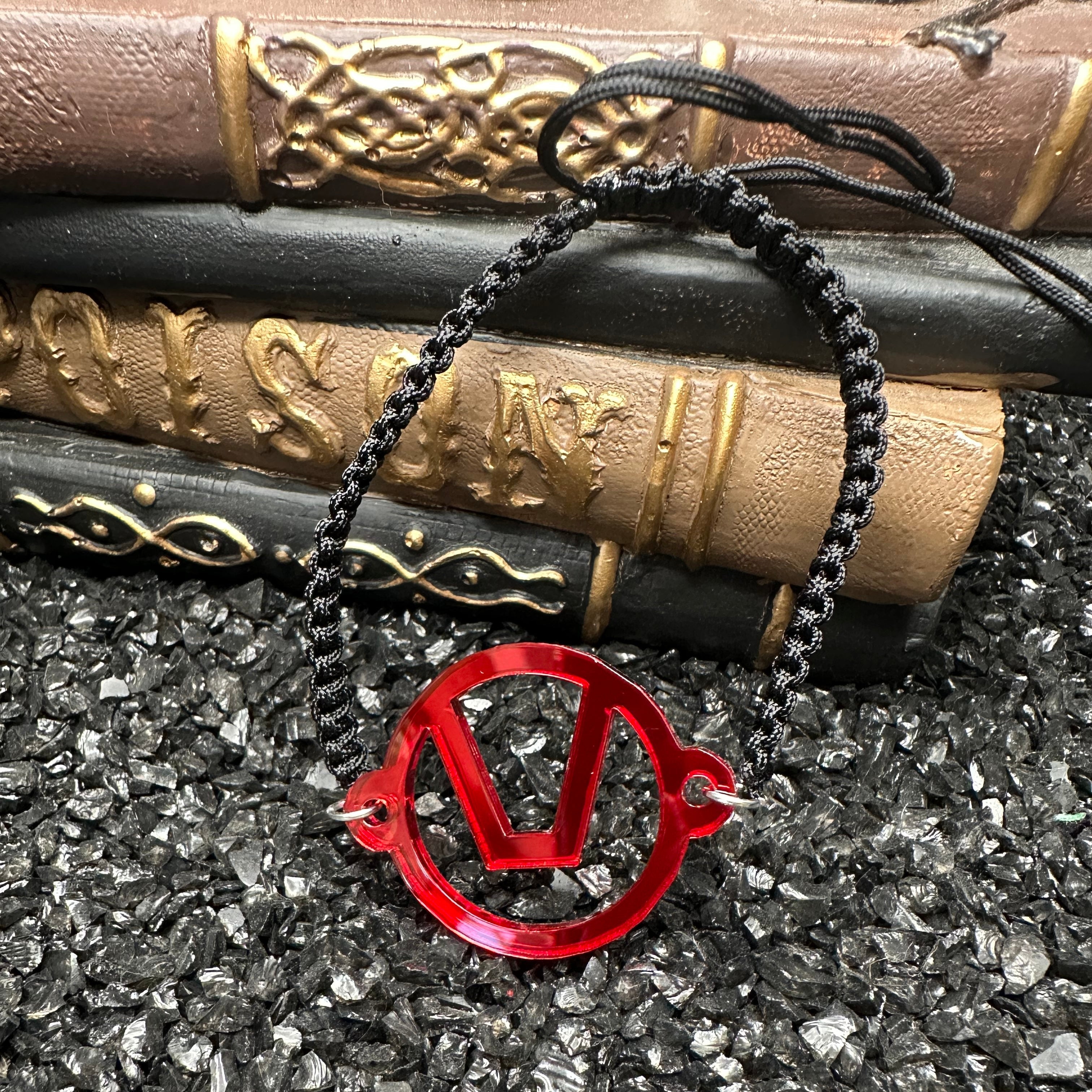 Swinger Symbol Red Acrylic Bracelet on Adjustable Black Cord