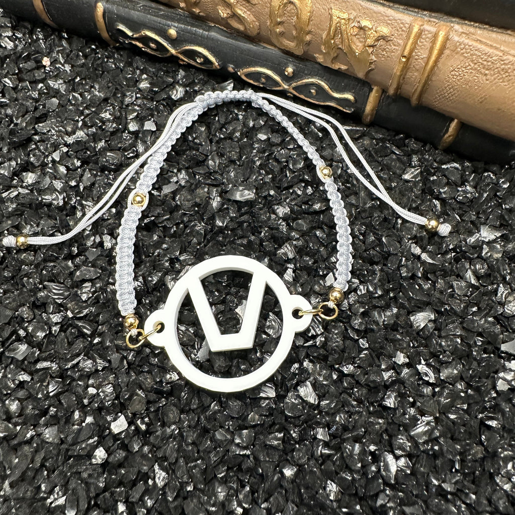 Swinger Symbol White Acrylic Bracelet on Adjustable Grey Cord