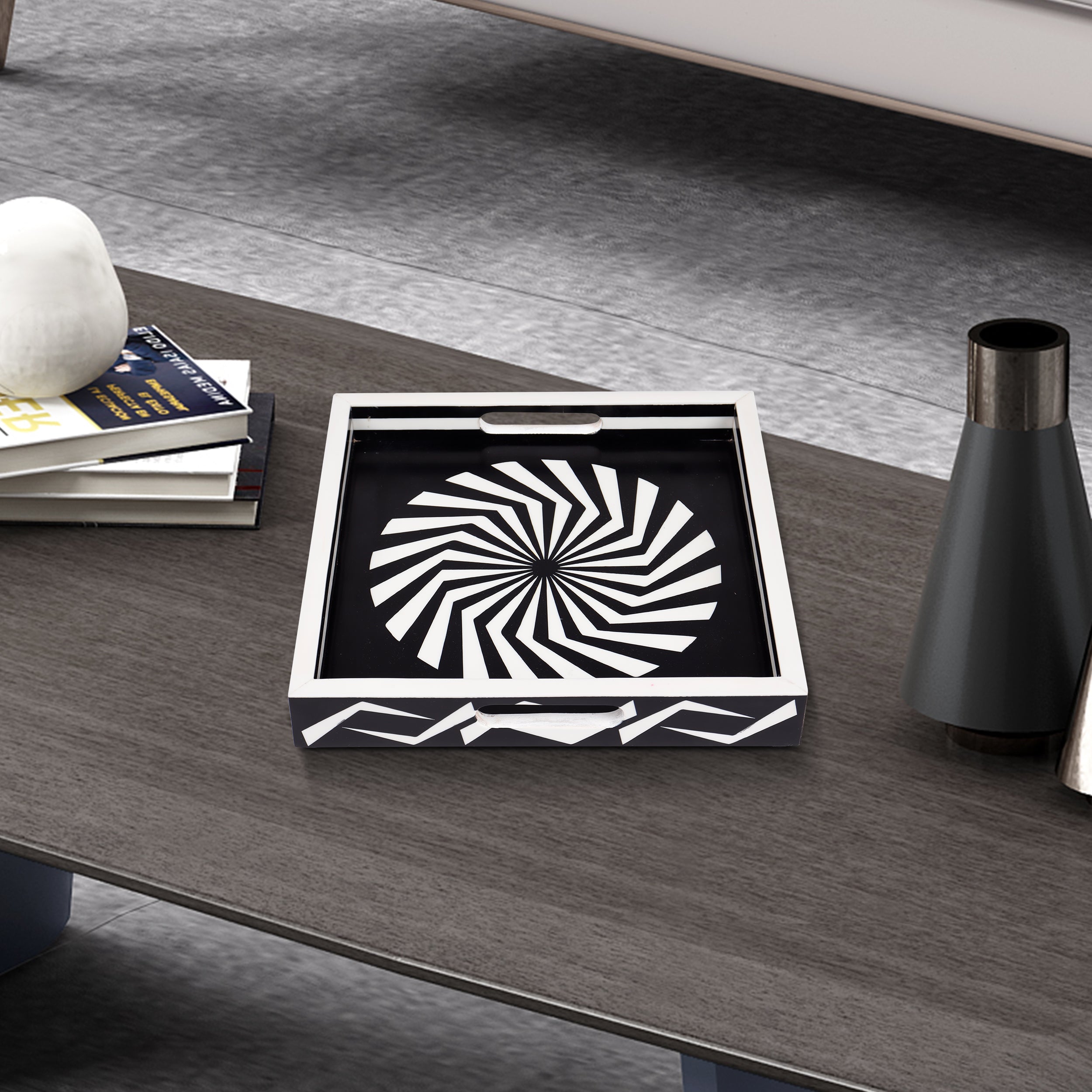 Decorative Tray Illusion Optic Black White Resin Inlay Modern Decorative Tray – 12x12 Inch