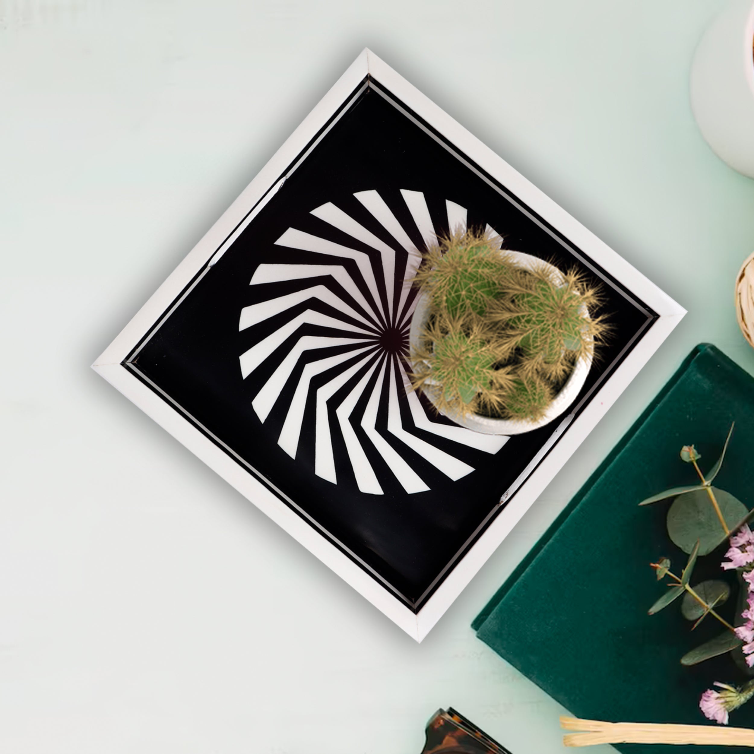 Decorative Tray Illusion Optic Black White Resin Inlay Modern Decorative Tray – 12x12 Inch