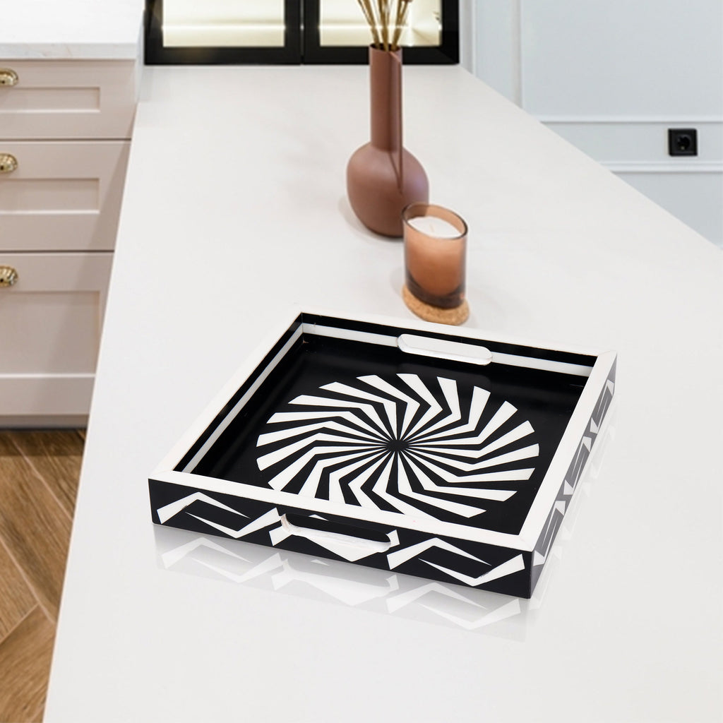 Decorative Tray Illusion Optic Black White Resin Inlay Modern Decorative Tray – 12x12 Inch