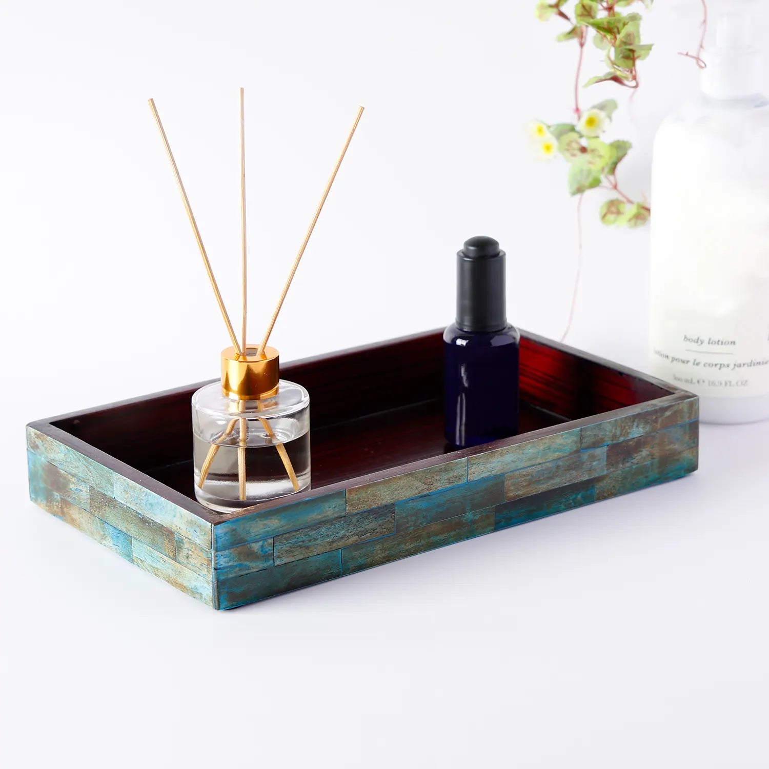 Vanity Tray Verdigris Collection Bone Inlay Handmade Bathroom Organizer, 10" x 6"