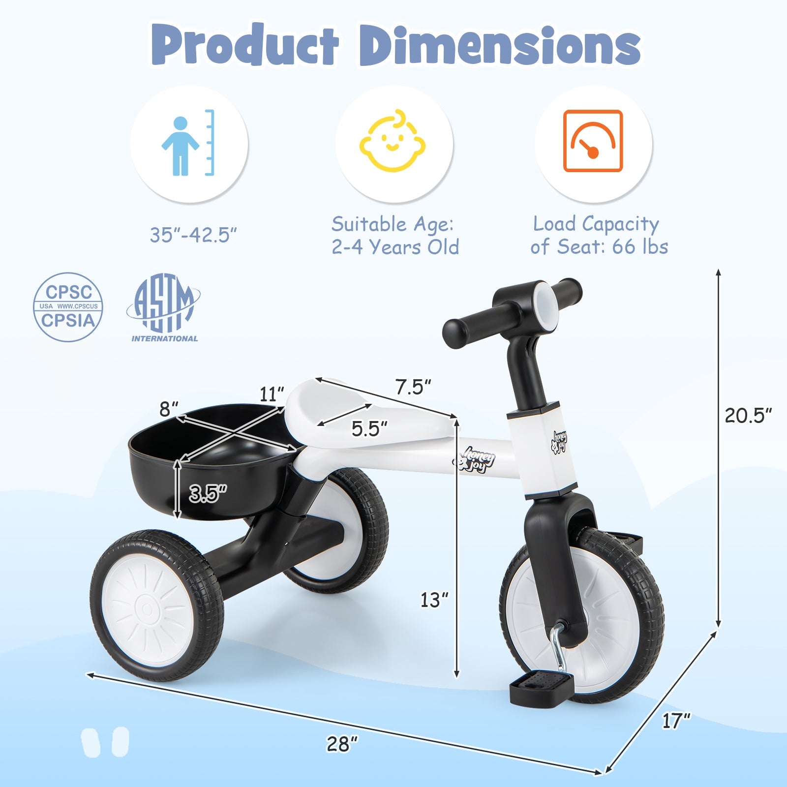 Toddler Convertible Trike with 86° Limited Steering Angle and Carbon Steel Frame-White