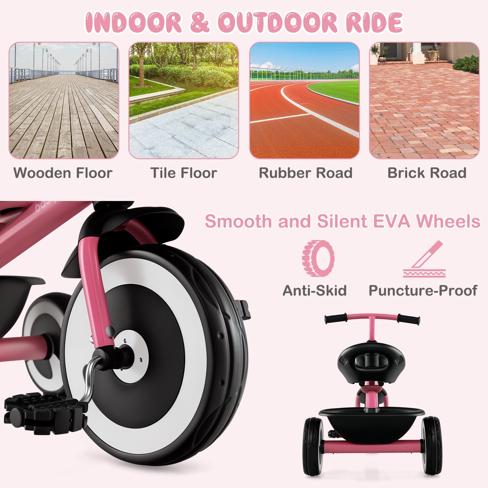 Toddler Tricycle with Adjustable Seat and Storage Baskets for 1.5-5 Years Old-Pink