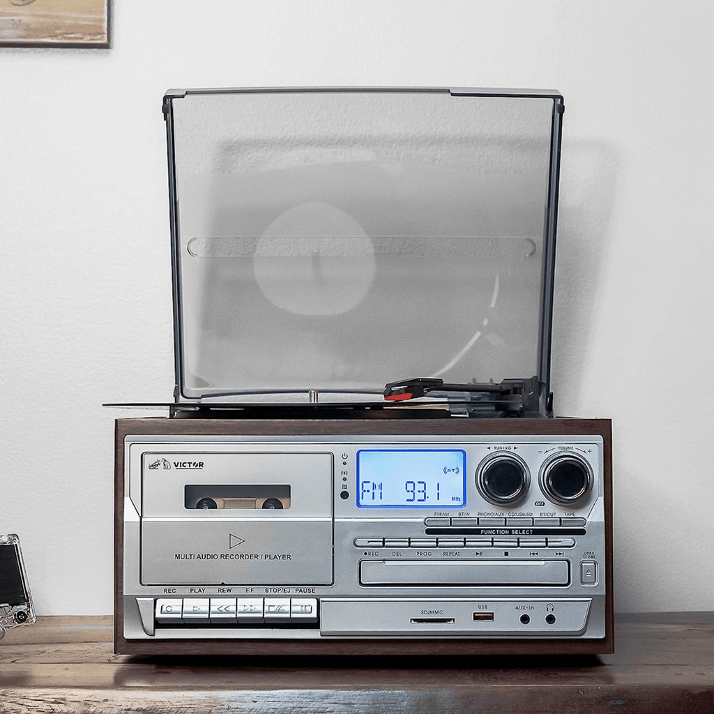 Victor Cosmopolitan 8-in-1 Turntable Music Center with Bluetooth, USB & Cassette