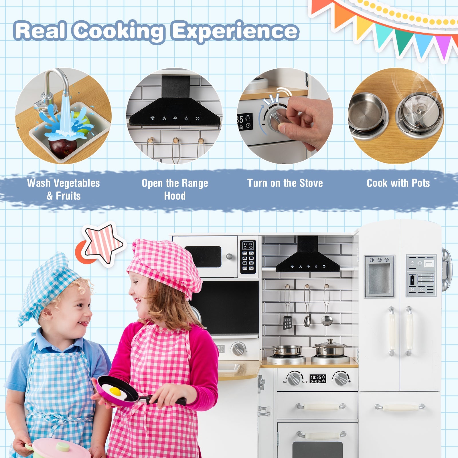 Wooden Kid's Corner Kitchen Playset with Stove for Toddlers-Natural & White