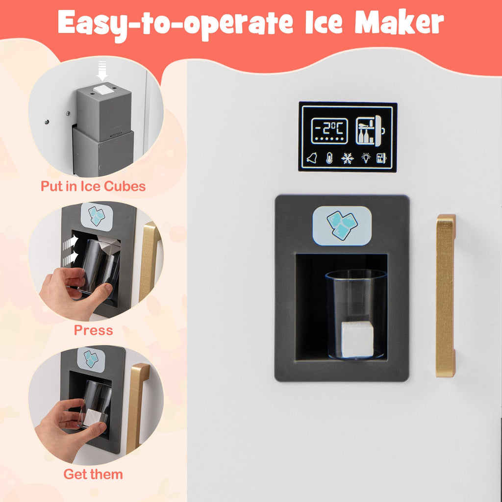 Wooden Kids Kitchen Playset with Chalkboard Ice Maker Sink Lighted Microwave-White