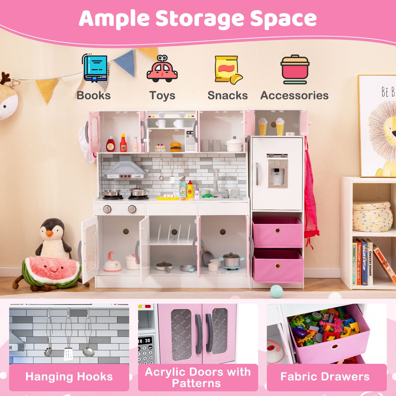 Wooden Kitchen Playset with Lights and Sounds for Ages 3+-Pink