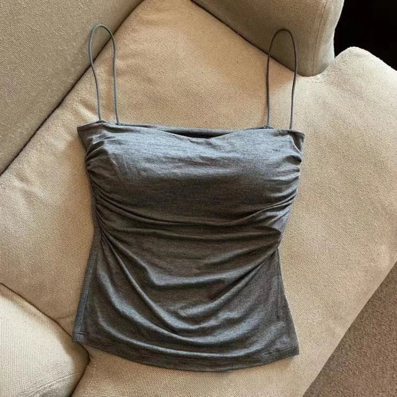 4 pc Women's Sleeveless Pleated Slim Fit Short Top With Thin Shoulder Straps Solid Color