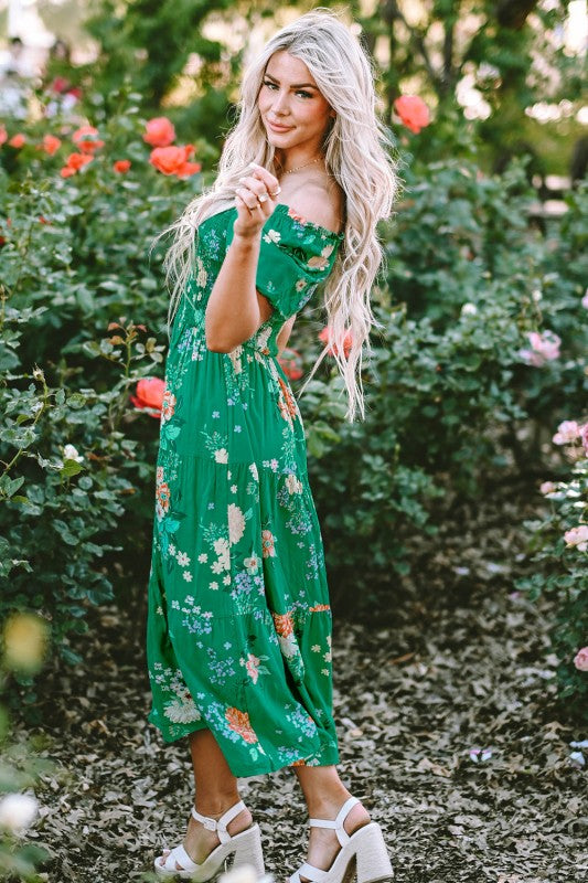 Kailany Floral Bubble Sleeve Smocked Tiered Midi D