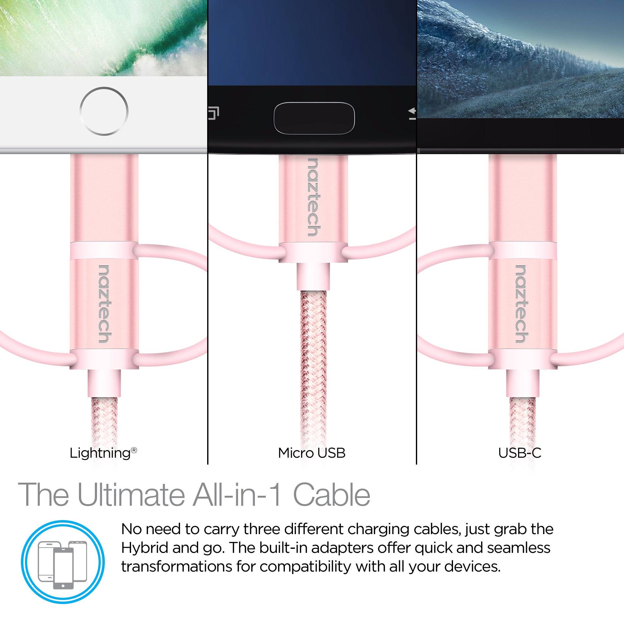 Naztech 3X1 Micro Lightning & USB-C Charge & Sync 6ft Cable
