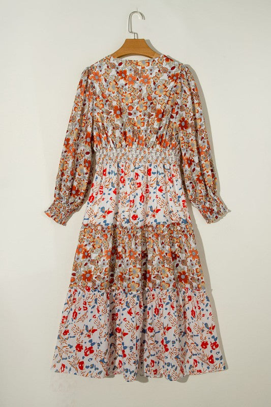 Floral V-Neck Ruffle Long Sleeve Midi Dress