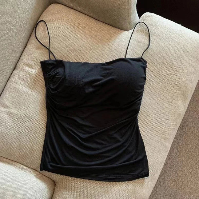4 pc Women's Sleeveless Pleated Slim Fit Short Top With Thin Shoulder Straps Solid Color