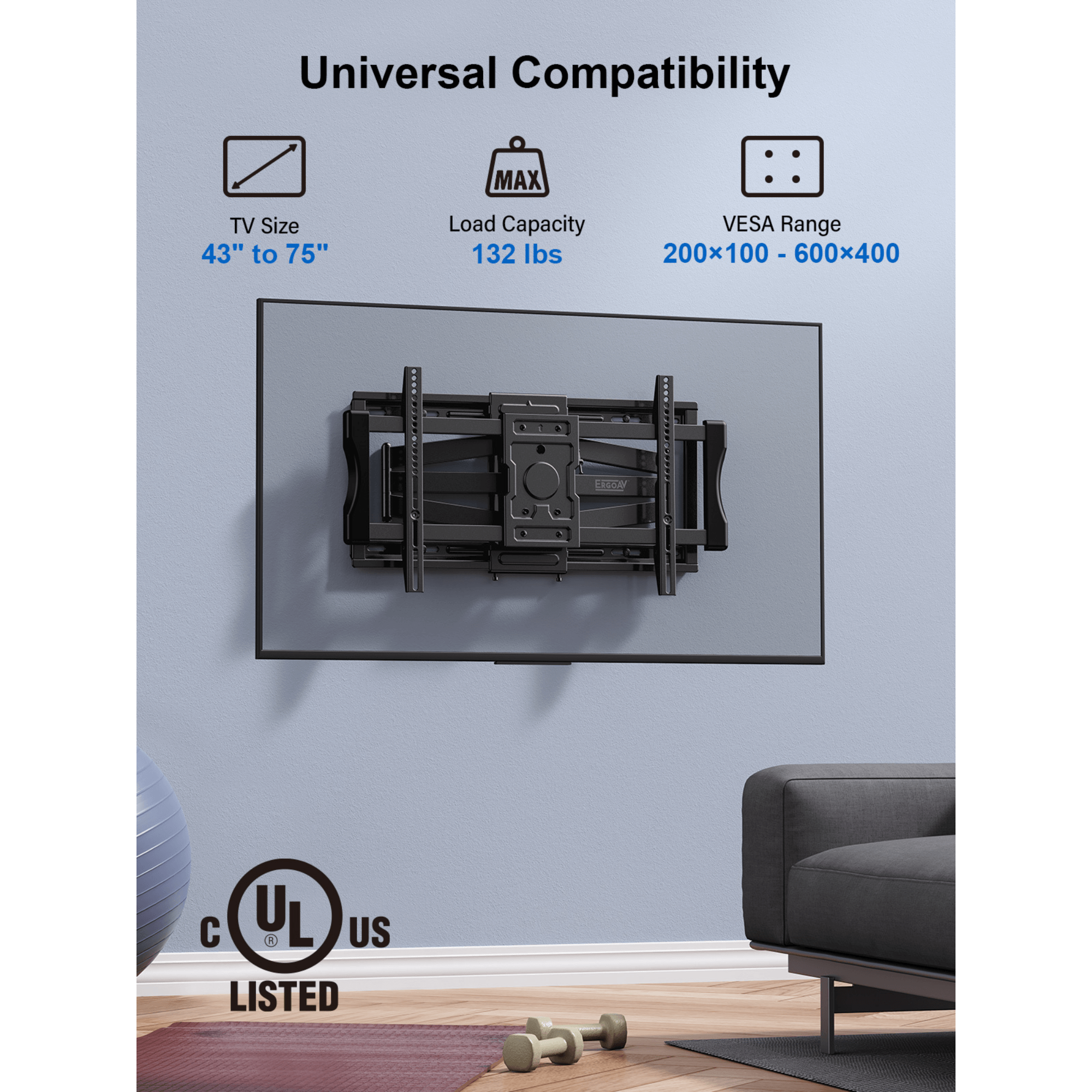 ErgoAV Motion Mount with Dual Arms for TVs 43" to 75" and up to 132lbs