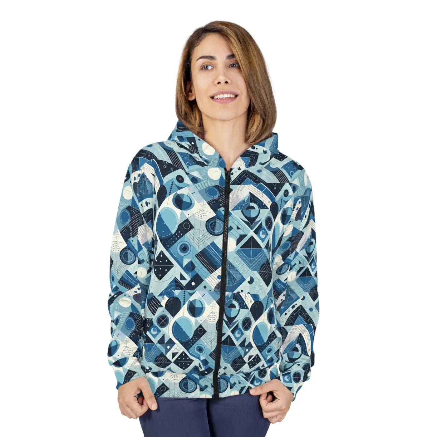 Abstract Blue Checkered Zip Hoodie - Unisex Fleece - DipaliZ