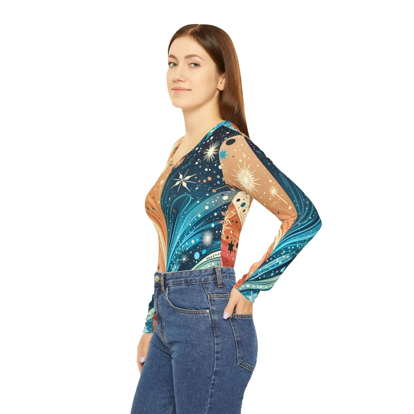 V-Neck Long Sleeve Top - Abstract Festive Pattern - DipaliZ