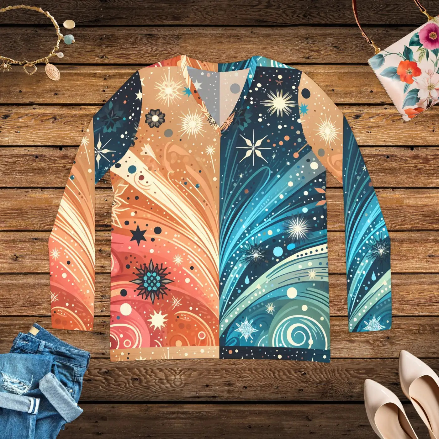 V-Neck Long Sleeve Top - Abstract Festive Pattern - DipaliZ