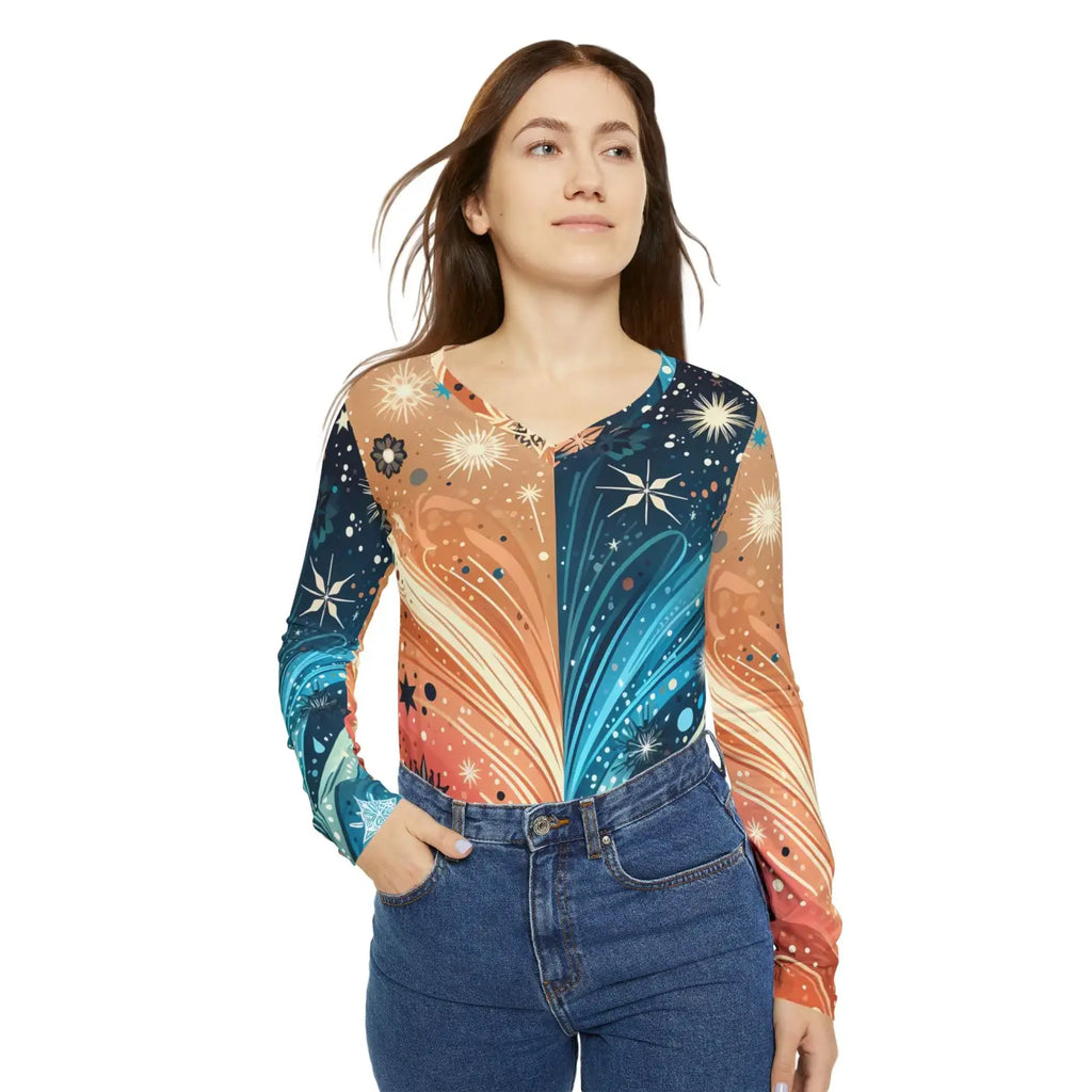 V-Neck Long Sleeve Top - Abstract Festive Pattern - DipaliZ