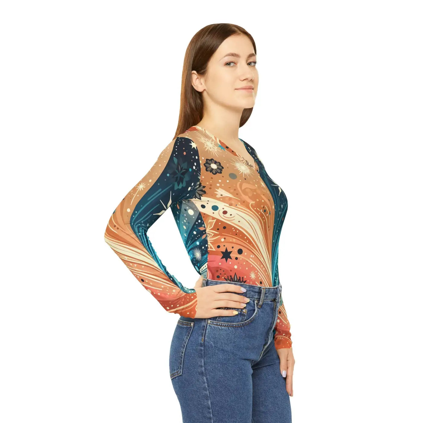 V-Neck Long Sleeve Top - Abstract Festive Pattern - DipaliZ