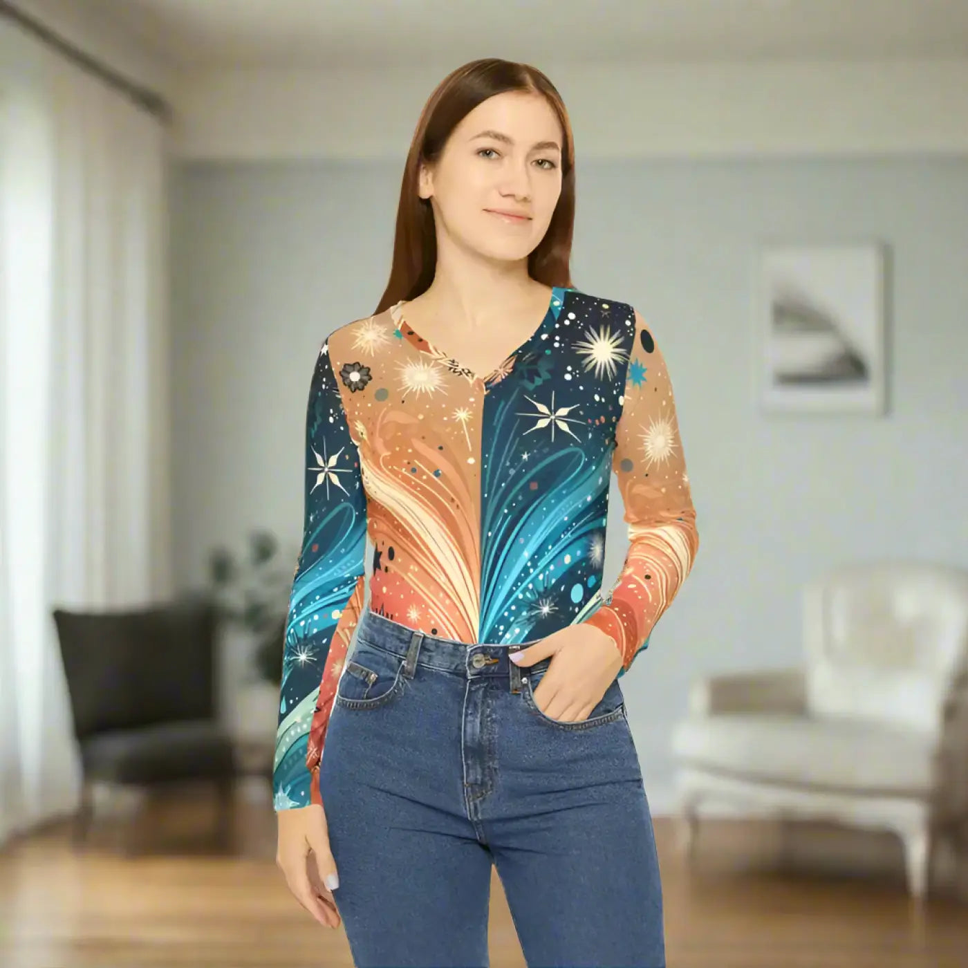 V-Neck Long Sleeve Top - Abstract Festive Pattern - DipaliZ