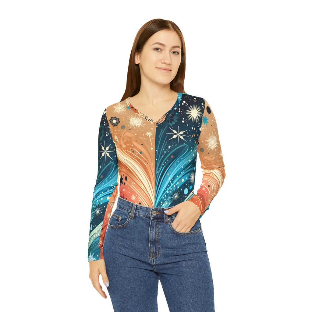 V-Neck Long Sleeve Top - Abstract Festive Pattern - DipaliZ