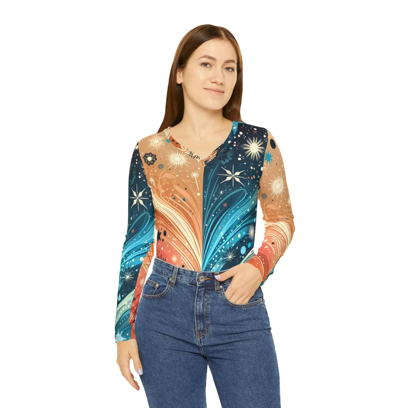 V-Neck Long Sleeve Top - Abstract Festive Pattern - DipaliZ