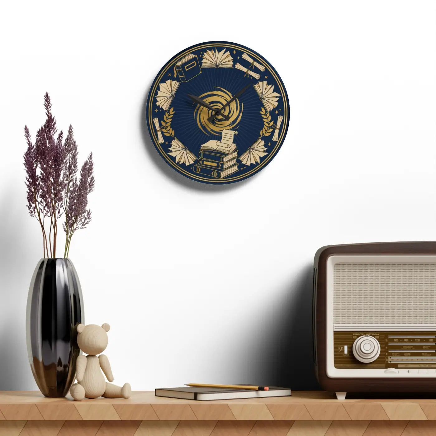 Acrylic Wall Clock - Vintage Books and Laurel Design - DipaliZ