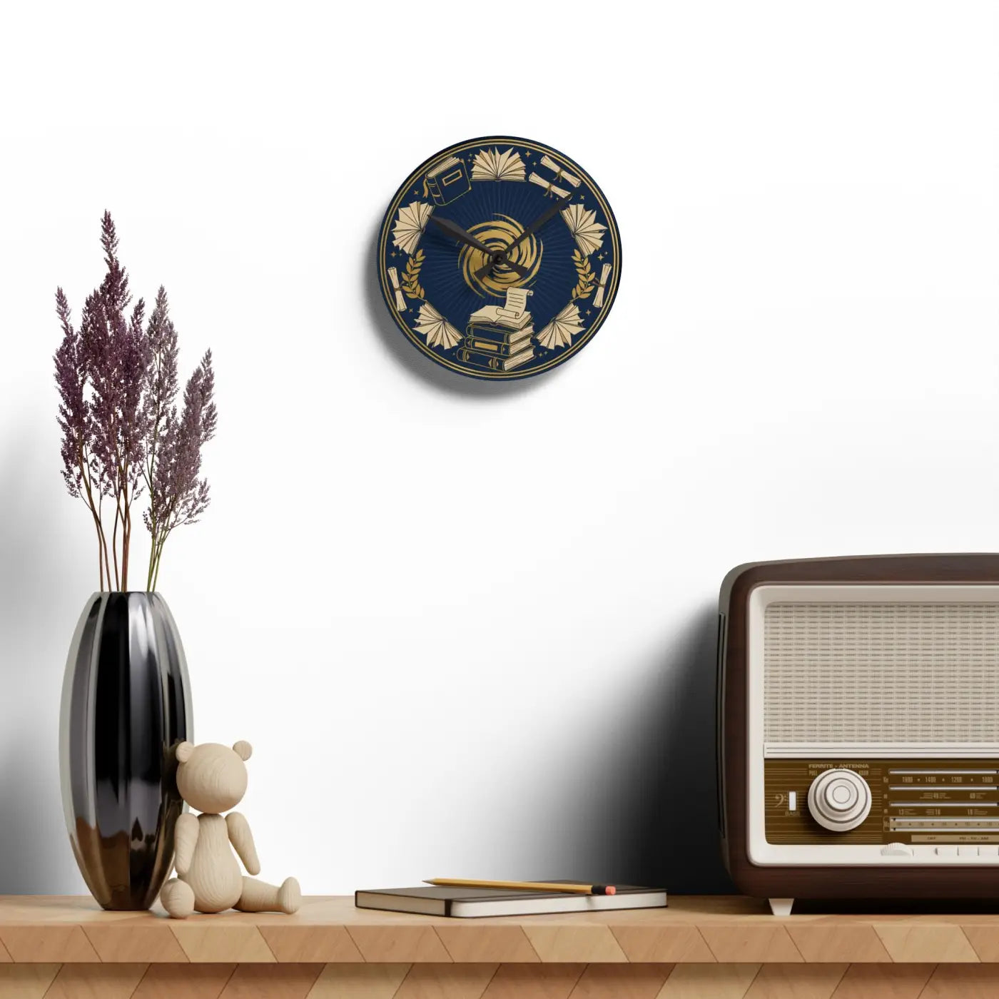 Acrylic Wall Clock - Vintage Books and Laurel Design - DipaliZ