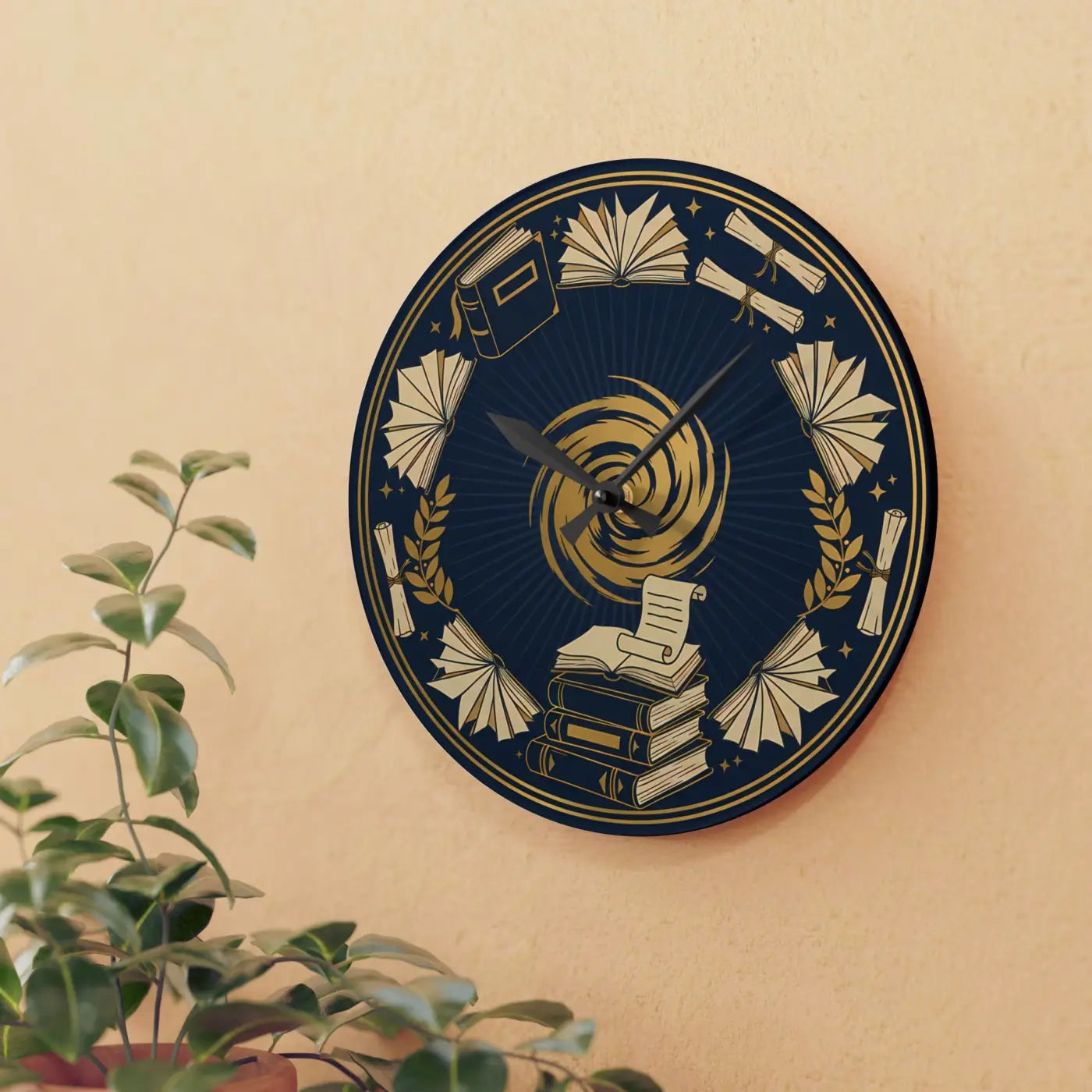 Acrylic Wall Clock - Vintage Books and Laurel Design - DipaliZ