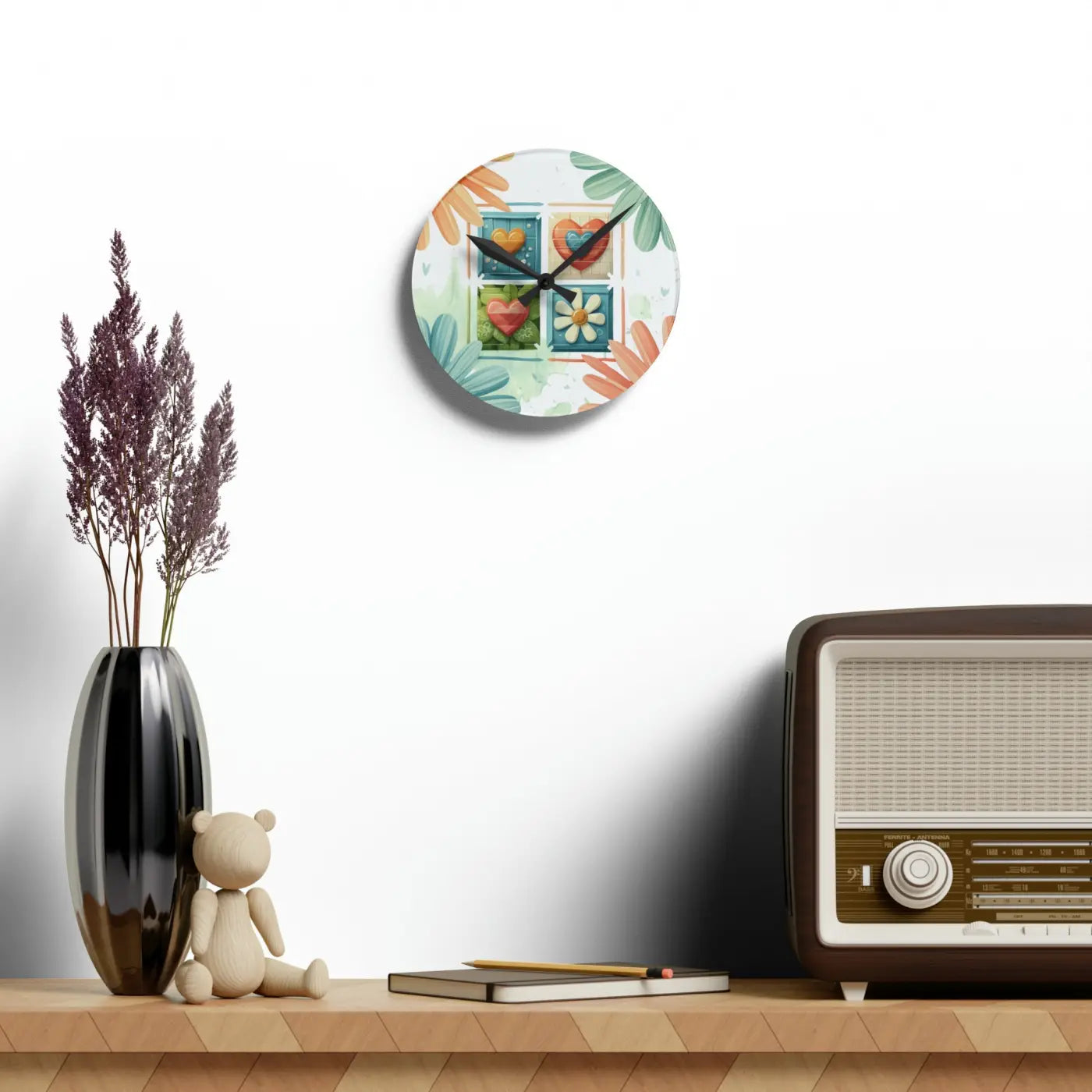 Acrylic Wall Clock - Hearts Colorful Pattern Design - DipaliZ