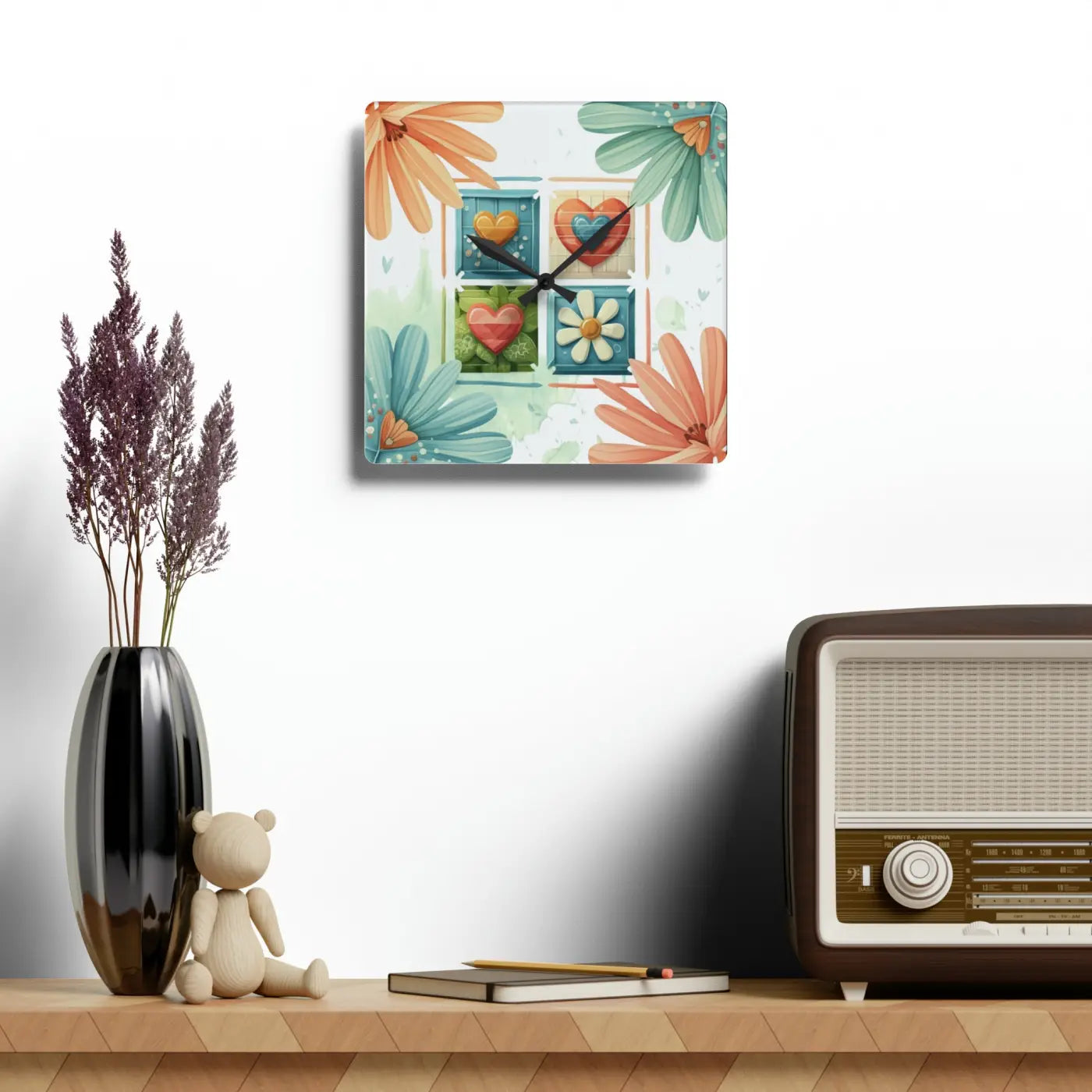 Acrylic Wall Clock - Hearts Colorful Pattern Design - DipaliZ
