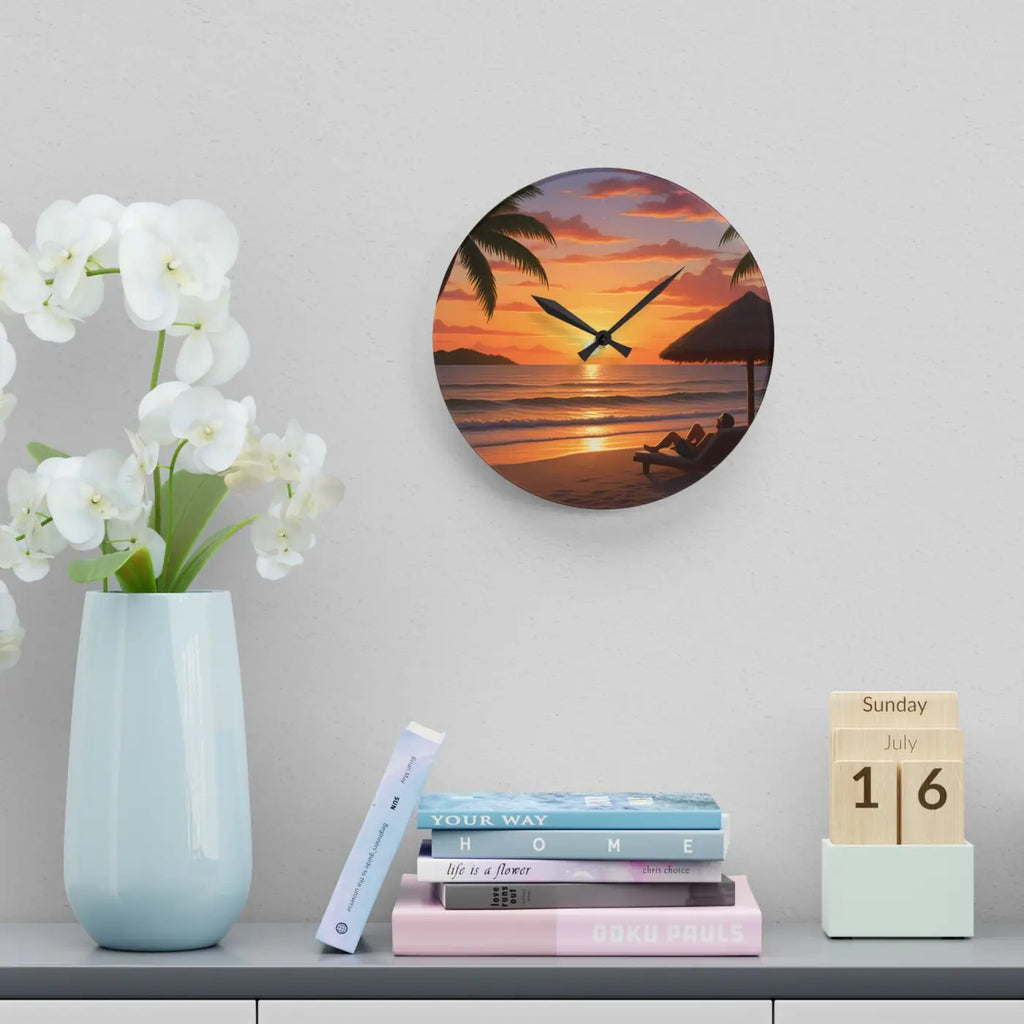 Tropical Sunset Beach Wall Clock - Acrylic Coastal Decor - DipaliZ