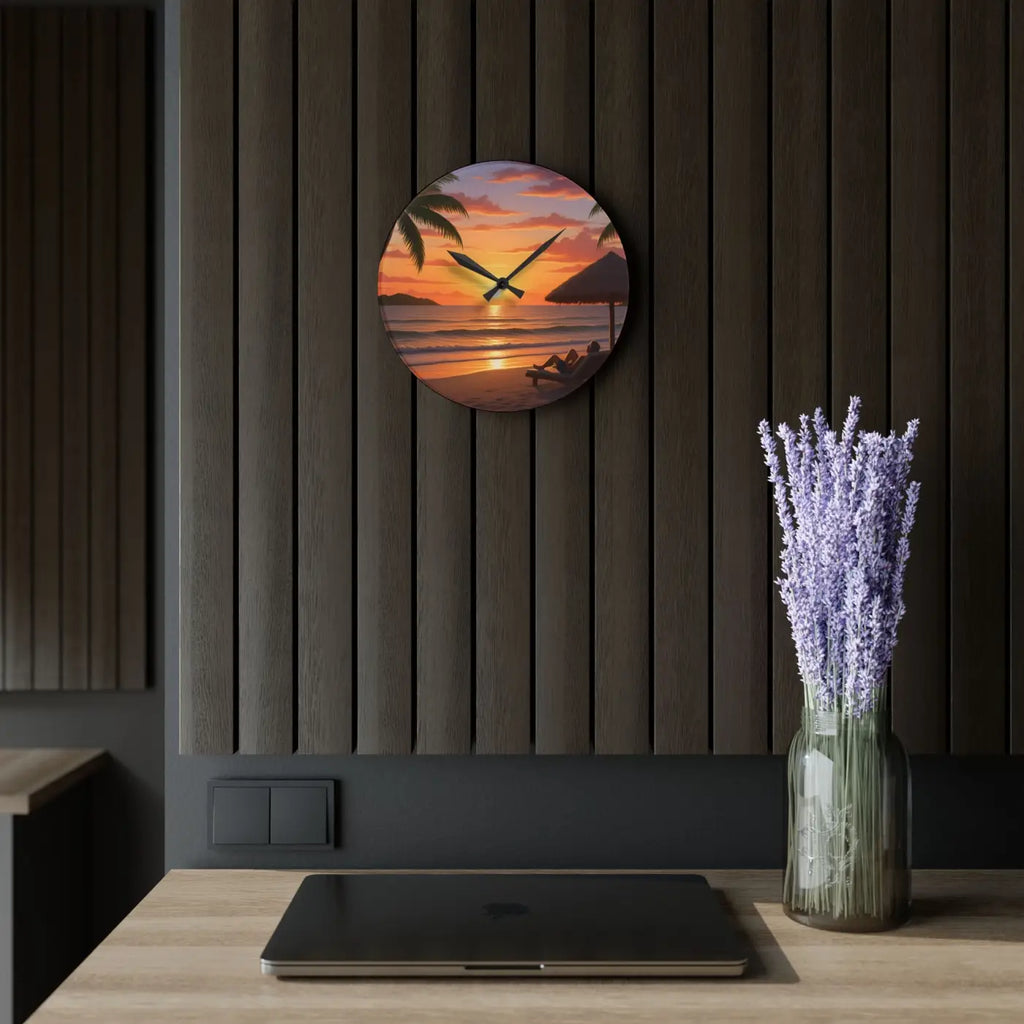 Tropical Sunset Beach Wall Clock - Acrylic Coastal Decor - DipaliZ