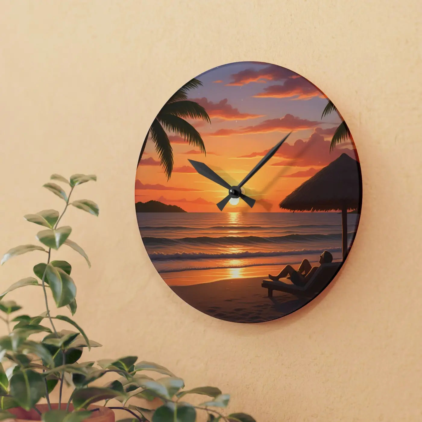 Tropical Sunset Beach Wall Clock - Acrylic Coastal Decor - DipaliZ