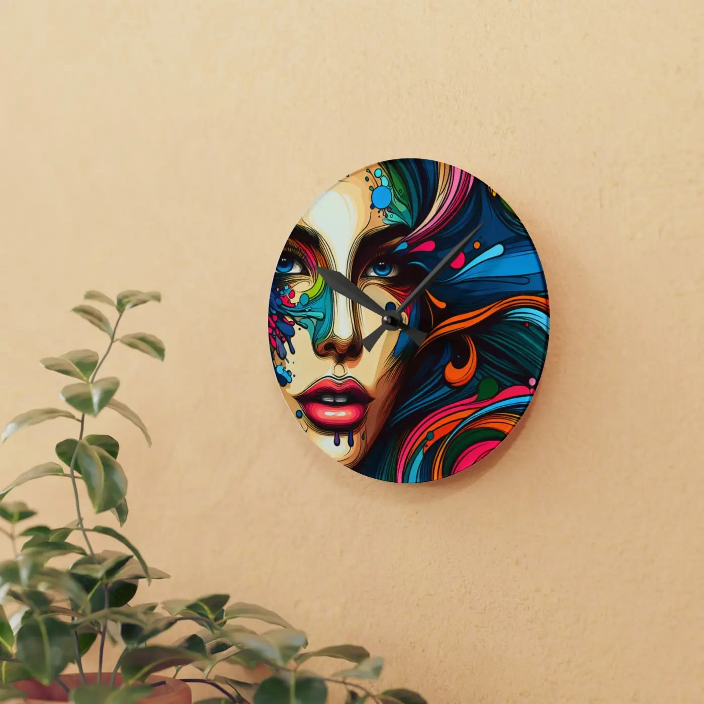 Artistic Acrylic Wall Clock - Womans Face Splatter Design - DipaliZ