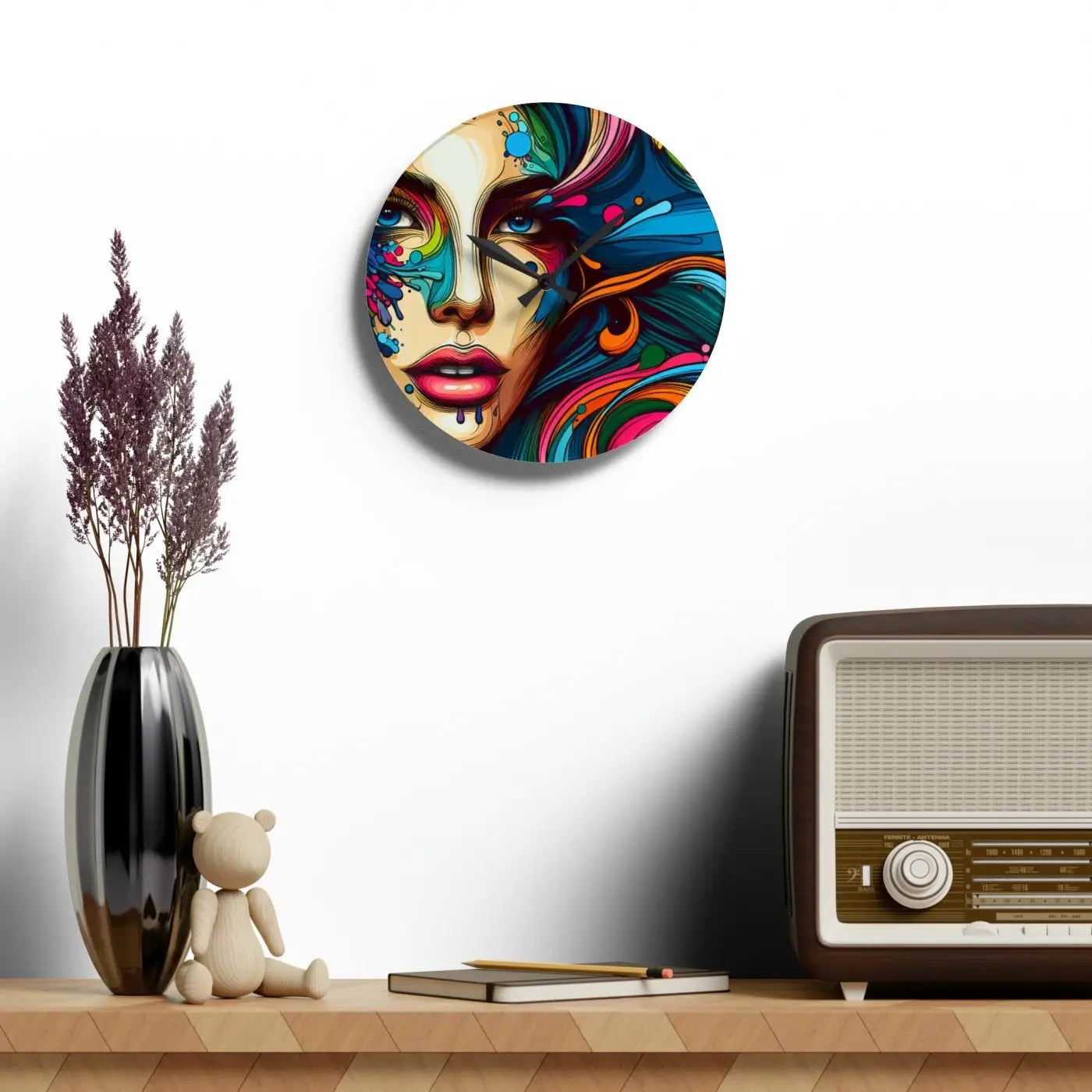 Artistic Acrylic Wall Clock - Womans Face Splatter Design - DipaliZ